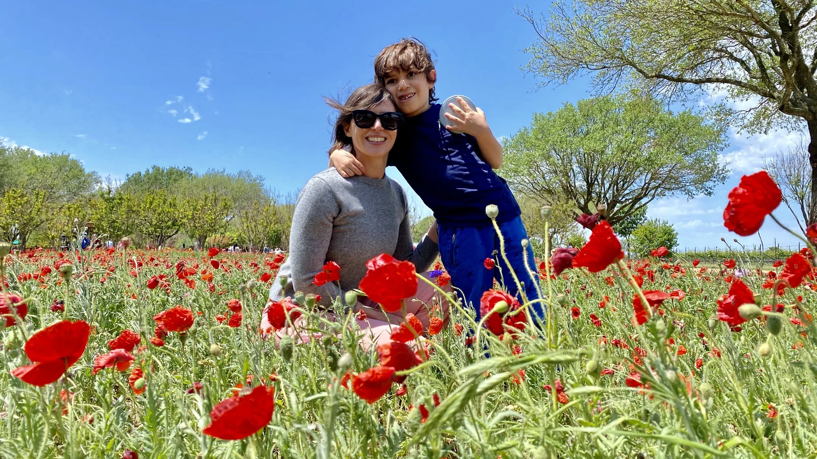 Family photograph in a field of red flowers