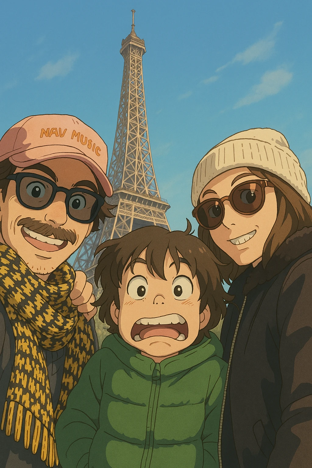 Illustrated family portrait in front of the Eiffel Tower